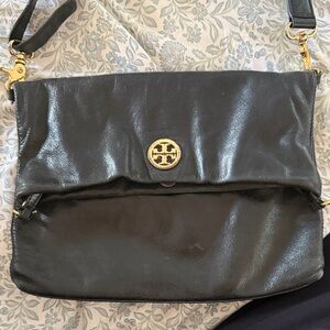Tory Burch Dena fold over Black Crossbody Bag with Gold Accent